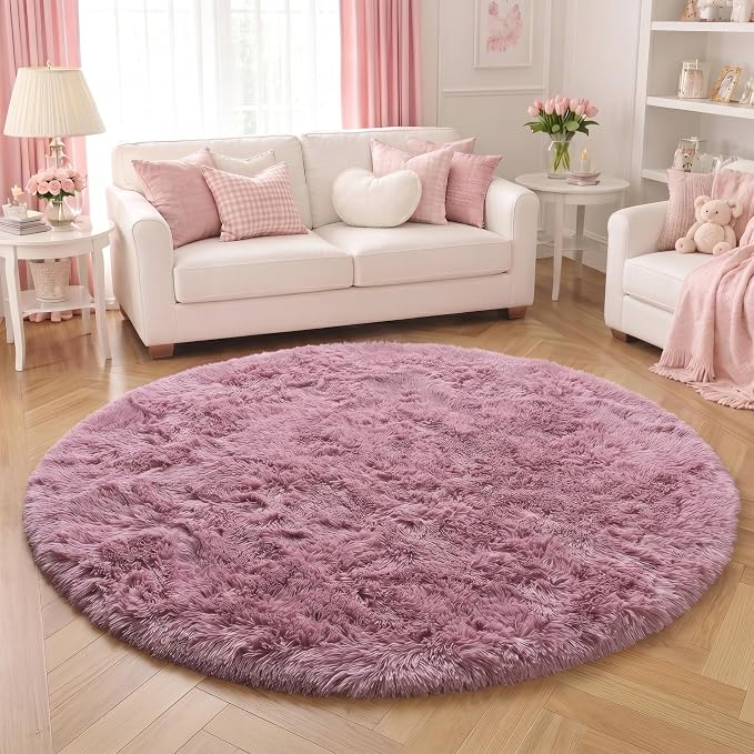 Amdrebio Mauve Pink Round Circle Rug 4Ft for Girls Bedroom, Cute Fluffy Fuzzy Area Rugs for Kids Room Decor Aesthetic, Shaggy Circular Carpet for Nursery Classroom Dorm, Furry Dusty Rose Blush Rug