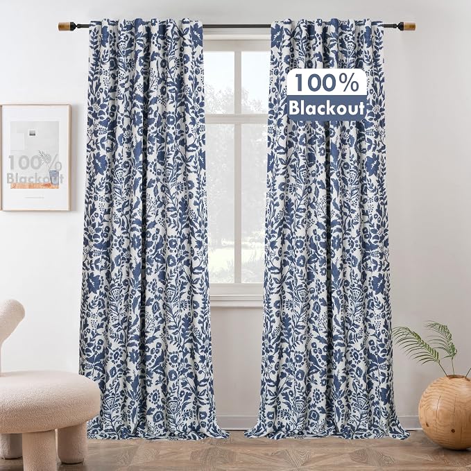 DriftAway Julia 100% Blackout Curtains Back Tab 2 Panels, W52xL84, Navy | Floral Curtains, Bedroom, Living Room, Linen Blend, Watercolor Pattern, 2 Layers, Thermal Insulated, Window Treatment