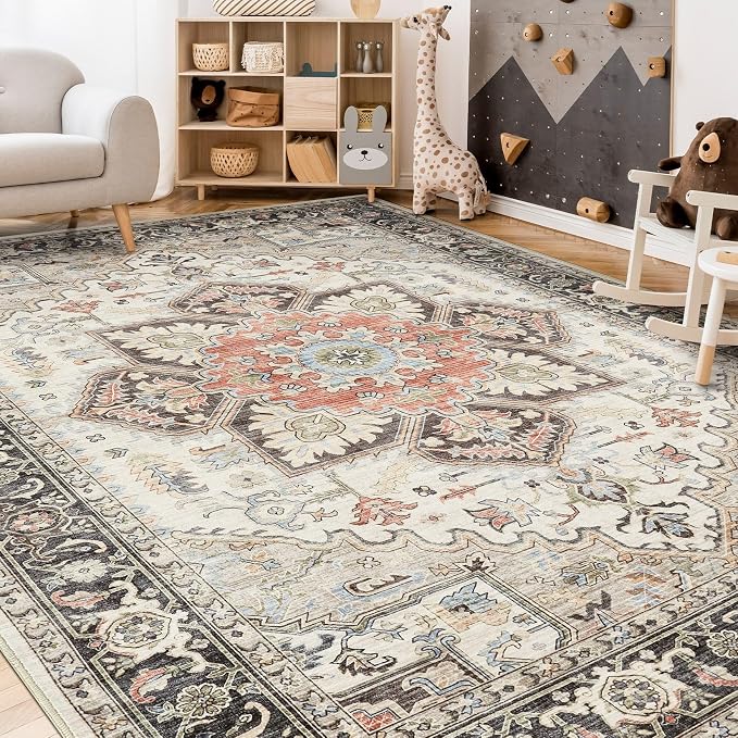 12x15 Area Rugs for Living Room - Large Carpet Ultra Thin Soft Washable Oriental Vintage Floral Distressed Big Indoor Carpets for Bedroom Nursery Dorm Home Decor Aesthetic - Multi Cream