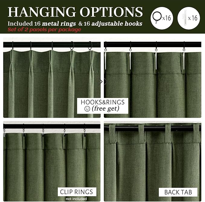 Custom Olive Green Pinch Pleated Drapes Linen Blend Light Filtering Curtains 86 Inches Long for Dining Room 2 Panels Set, Dark Academia Loden Memory Trained Sheer Curtain 84-86 Inch Length for Office