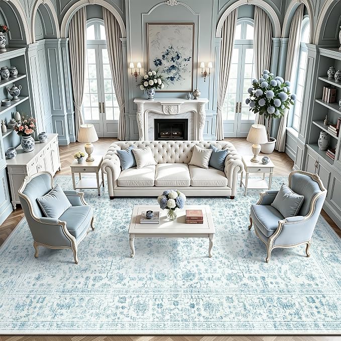 8x10 Area Rugs for Living Room, Washable Vintage Retro Floral Rug, Low Pile Non Slip Distressed Large Carpet for Bedroom, Dining Room, Office, Home (Blue)