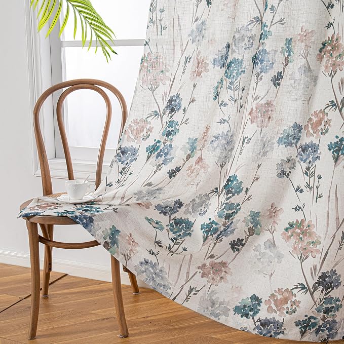 MYSKY HOME Floral Linen Curtains 54 inch Length 2 Panels Set Patterned Semi Sheer Light Filtering Privacy Farmhouse Grommet Drapes for Bedroom Small Window, Brown, 52" Wide Each Panel, Pack-2