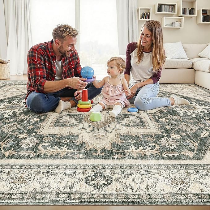 Area Rug for Living Room - 7x9 Washable Oriental Vintage Floral Large Soft Carpet - Fade Stain Resistant Non Slip Rugs for Bedroom Dining Room Nursery Dorm Office Home Decor - Vintage Green