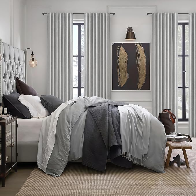 QJmydeco 102 Inch Long Gray Blackout Curtains for Bedroom 2 Panels Set, Natural Linen Pleated Floor to Ceiling Thermal Drapes Hooks Rings Back Tab 50 x 102 Inches Length Textured Window Drapes Decor