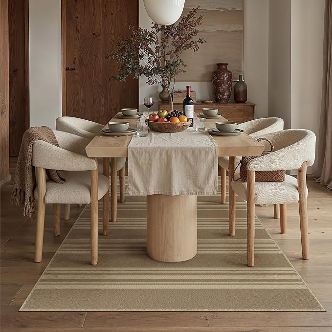 PureCozy Outdoor Rug 5x7 Washable Striped Jute Look Non Slip Carpet | Khaki Stripe Farmhouse Style, Indoor Outdoor Area Rug for Patio, Living Room, Dining Room, Non Shedding, Neutral Rugs