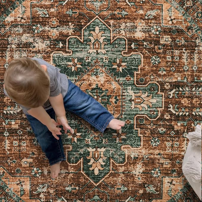 Moynesa Ultra-Thin Washable Runner Rug - 2x7 Kitchen Runner Stain Resistant Hallway Mat, Non-Slip Non-Shedding Bathroom Laundry Carpet Runner for Front Door Bedside Camper, Brick Red/Dull Teal