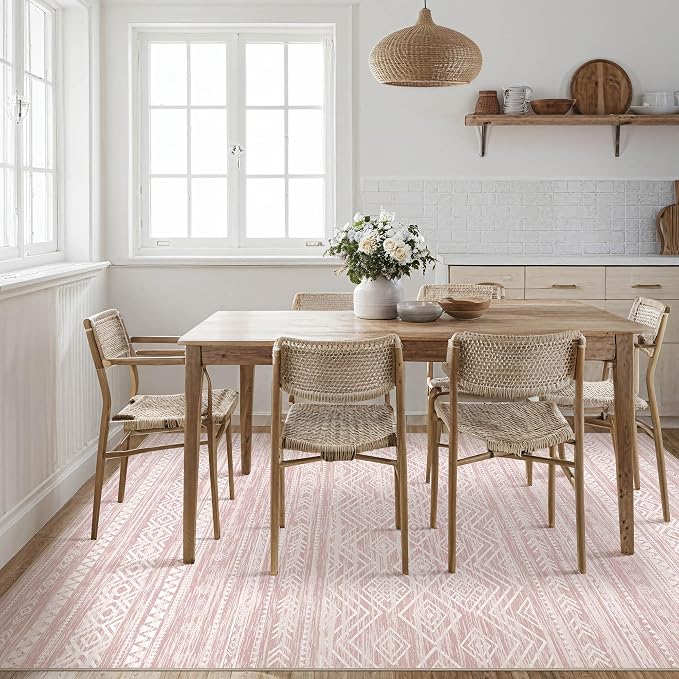 Tortania Area Rug Living Room Rugs- 10x13 Washable Large Soft Neutral Boho Moroccan Bohemian Farmhouse Rug Indoor Floor Carpet for Bedroom Under Dining Table Home Office Decor - Pink