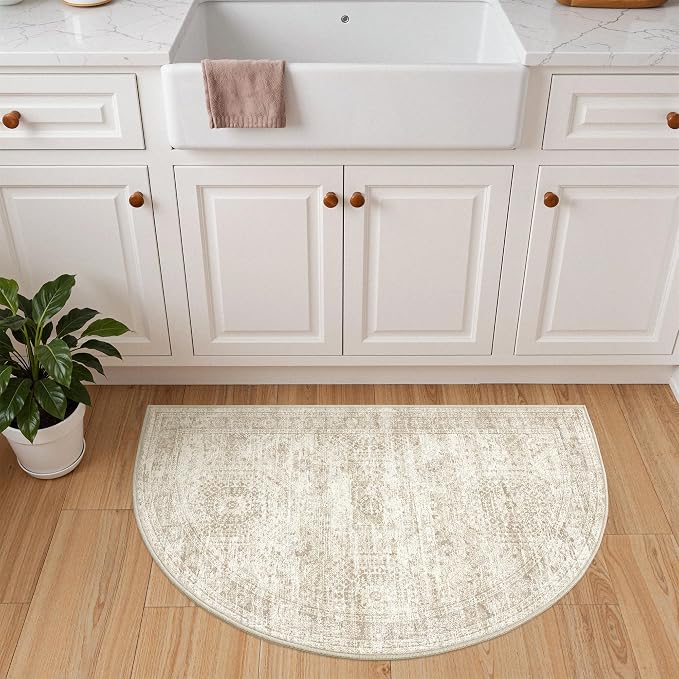 2x3 Half Circle Rug, Small Washable Entryway Rug,Beige | Semi Circle Rug for Kitchen,Front Door,Bathroom,Thin,Soft Welcome Mat,Stain Resistant Indoor Carpet,Non Slip
