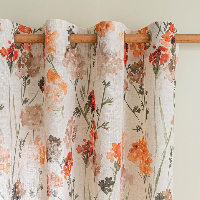 MYSKY HOME Orange Linen Floral Curtains Semi Sheer Grommet Drapes Light Filtering & Privacy Protect, Farmhouse Window Treatments for Bedroom Living/Dining Room,52"x95",2 Pcs