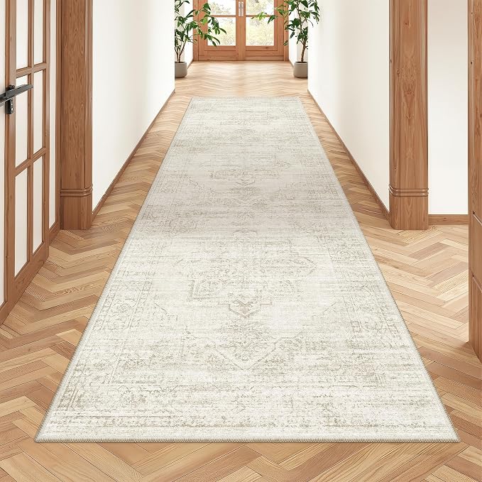 2'6 x 8' Runner Rug Non Slip,Washable Kitchen Rugs,Beige | Neutral Rugs for Kitchen,Entryway,Bedroom,Bathroom,Nursery Room,Thin,Soft Runner Rug,Stain Resistant Indoor Carpet