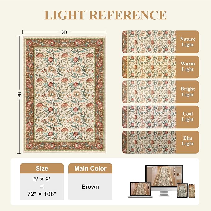 DUKINO 6x9 Area Rug, Vintage Floral Washable Rugs for Living Room, Brown | Non Slip, Low Pile, Non-Shedding, Stain Resistant Soft Large Carpet for Bedroom Home Office Dining Room Farmhouse, Home Decor