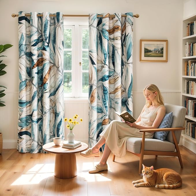 SUBRTEX Blackout Curtains 52Wx108L, Room Darkening Floral Curtains, Thermal Insulated 2 Panels Window Drapes, Boho Farmhouse Curtains for Living Room Bedroom Window Treatments, Blue