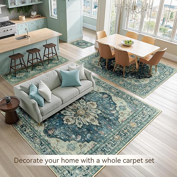 RELEANY Area Rugs Large 9'x12' Washable Non-Slip, Floral Vintage Distress Medallion Carpet for Living Room Bedroom Dining Room, Dark Blue Vintage