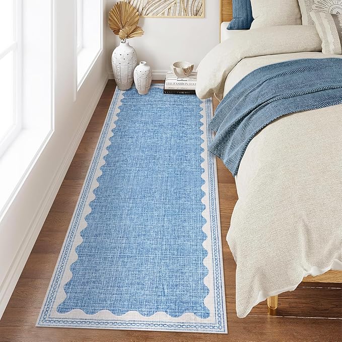 2.5x8 Scalloped Runners Blue Washable Hallways Bedroom Rug | Solid Non Slip Scalloped Bath Runner, Rugs for Bedroom Girls, Rugs for Kitchen Floor Soft Dorm Nursery Carpet for Bedside