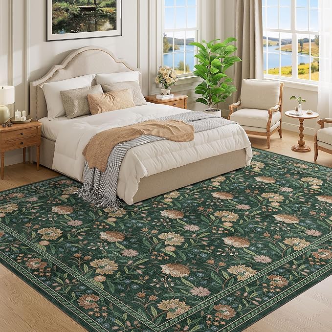 DUKINO 9x12 Area Rug for Living Room, Vintage Floral Washable Rug, Green | Non Slip, Low Pile, Non-Shedding, Stain Resistant, Aesthetic Soft Indoor Large Carpet for Bedroom Dining Room Farmhouse
