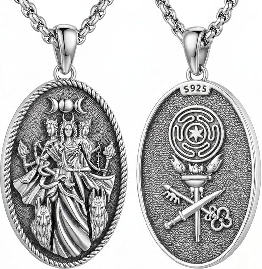 Hecate Wiccan Triple Moon Goddess Necklace Tetragrammaton Nudo De Bruja Plata 925 Original Sterling Silver Cat Moon Pendant Hekate Witch Necklace Amulet Witchy Jewelry Gifts for Women Men