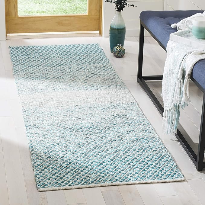 SAFAVIEH Montauk Collection Runner Rug - 2'3" x 12', Turquoise & Ivory, Handmade Cotton, Ideal for High Traffic Areas in Living Room, Bedroom (MTK601E)