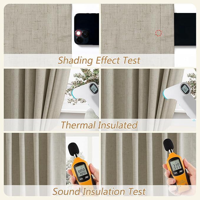 Guken Extra Long 100% Blackout Linen Curtains for Bedroom 120 inches Long, Thermal Insulated Room Darkening Black Out Drapes for Living Room, Back Tab Rod Pocket 2 Panels Set,Ecru,52x120