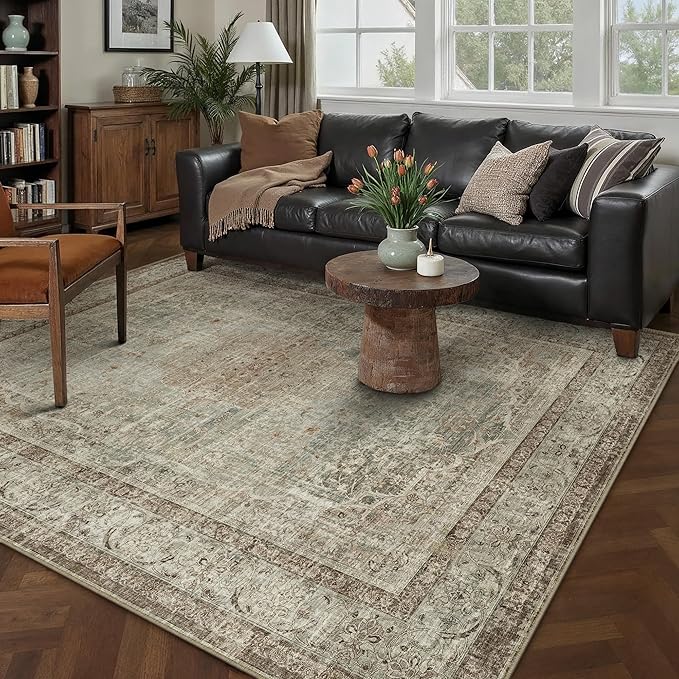 PureCozy 5x7 Area Rug Washable Sage Vintage Traditional Oriental | Non Slip, Soft Low Pile, Indoor Carpet for Bedroom, Living Room, Dining Room, Distressed Retro Decor