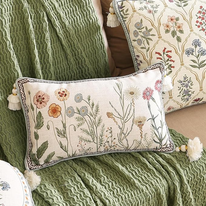 ISAENNE Designer Vintage Linen Throw Pillow Cover,20"x12"-Serenity D | French Elegant Rectangle Decor Pillow Cover,Concealed Zipper Design,Light Beige,Sofa,Bedroom,Living Room,Chairs