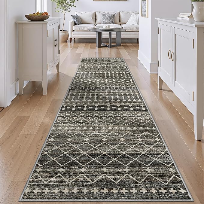 Miukiki 2x8 Runner Rug Moroccan Washable Kitchen Rug Non Slip Indoor Floor Hallway Runner Rug Foldable Carpet for Bathroom Laundry Room with Low Pile(Black,2'x8')