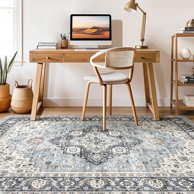 10x13 Area Rug Living Room: Washable Boho Large Neutral Vintage Soft Rug Stain Resistant Farmhouse Non-Slip Indoor Floor Carpet for Bedroom Nursery Kids Office Dining Room Home House- Blue Tan