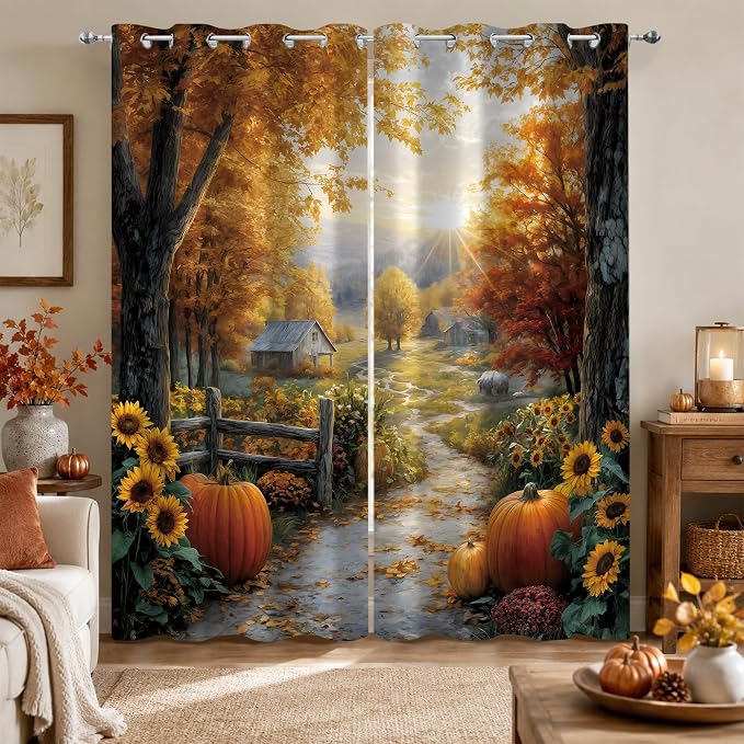 Autumn Country Road Window Curtains 52 x 63 in, Fall Landscape Drapes with Pumpkins, Sunflowers, Trees and Farmhouse Path for Bedroom Living Room