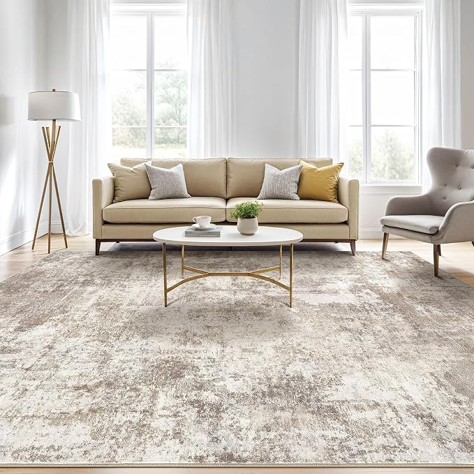 7x9 Area Rug Living Room: Washable Large Abstract Soft Rugs Stain Resistant Indoor Floor Non-Slip Accent Carpet for Women Modern Home Enthusiasts Aged 25-45 - Bedroom Nursery Playroom- Beige Brown