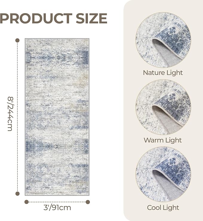 3x8 Runner Rug Non Slip,Washable Hallway Runner Rug,Blue | Neutral Rugs for Kitchen,Entryway,Bedroom,Bathroom,Nursery Room,Thin,Soft Runner Rug,Stain Resistant Indoor Carpet