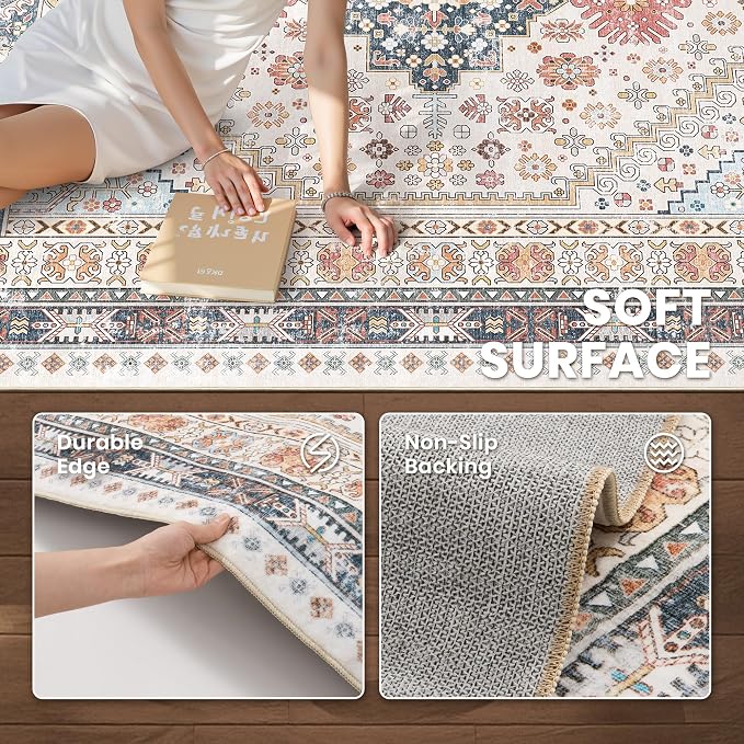 zesthome 10x14 Area Rugs for Living Room,Non-Slip Backing Washable Rugs,Vintage Large Area Rug，Stain Resistant Home Decor Rug (Multi,10'x14')