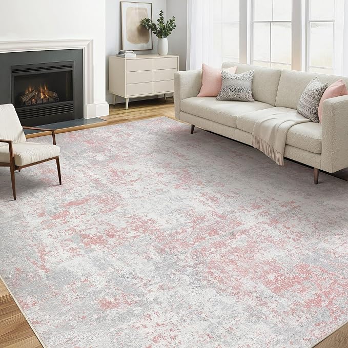 Pink Rug 5x8 Living Room: Washable Large Abstract Neutral Modern Soft Rug Stain Resistant Indoor Floor Non-Slip Accent Carpet for Girl Bedroom Nursery Playroom Office Dining Room Home