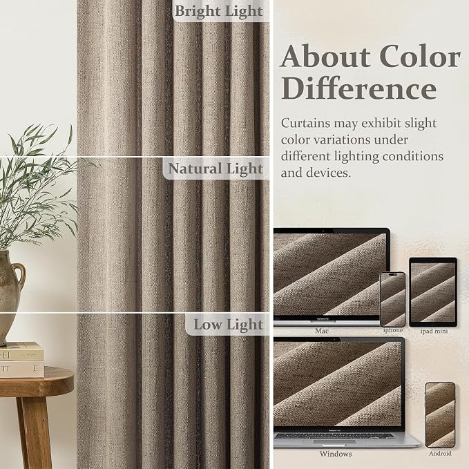 Semi Sheer 102 Inch Extra Long Classroom Curtains 2 Panels Set, Dark Brown Memory Trained Pinch Pleated Flax Linen Light Filtering Privacy Cottage Core Curtain Office Floor to Ceiling Window Drapes