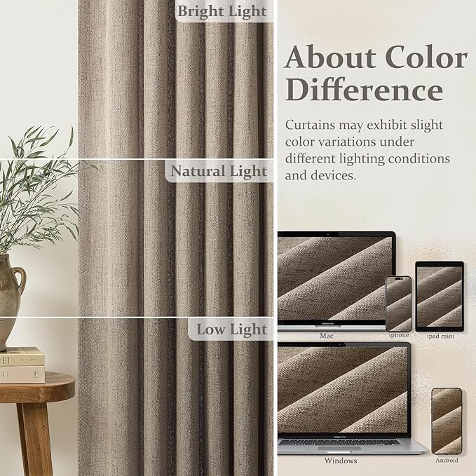 Dark Flax Semi Sheer Linen Short Kitchen Curtains 63 Inch Length 2 Panels Set, Memory Trained Pinch Pleated Light Filtering Farmhouse Curtain Brown Colored Privacy Cafe Drapes 50"Wx63"L Windows Decor