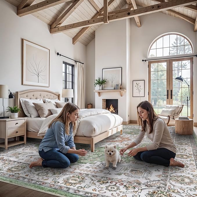 Washable Large Area Rugs 12x15 - Living Room Area Rug with Non Slip Backing Low Pile Carpet for Bedroom Vintage Rugs Indoor Soft Carpets Home Decor Decoration Mat 12x15 Sage