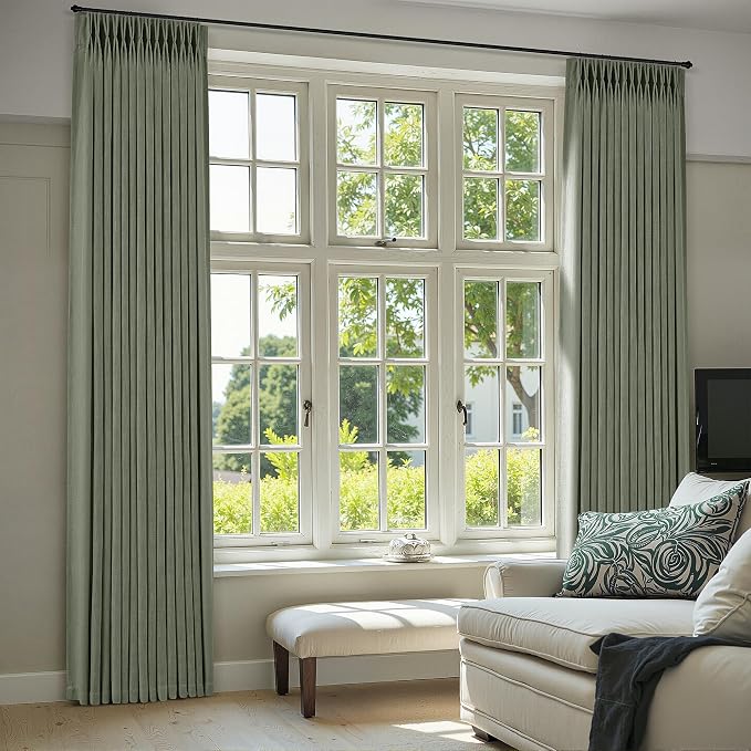 Sage Green Pinch Pleated Linen Curtains 102 Inches Long for Living Room Bedroom with Rings Hooks Clips Back Tab Semi Sheer Curtains Light Filtering Boho Farmhouse Drapes Light Green