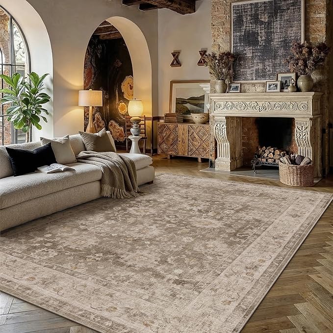 HUGEAR 8x10 Area Rug Taupe Machine Washable Rug Room Decor Vintage Distressed Living Room Rugs Non Slip Low Pile Soft Carpet for Bedroom Dining Room Office Soft Lightweight