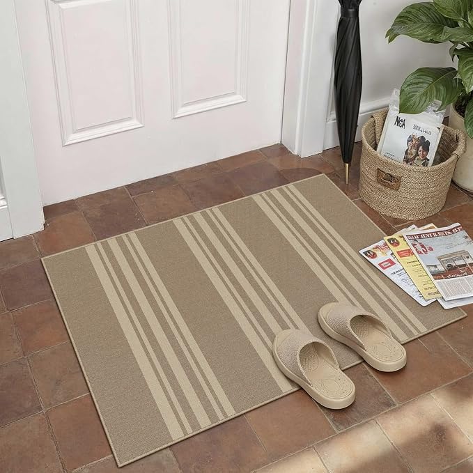 PureCozy Outdoor Rug 2x3 Washable Striped Jute Look Non Slip Mat | Khaki Stripe Farmhouse Design, Indoor Outdoor Entryway Door Mat for Kitchen, Mudroom and Bathroom, Non Shedding, Easy Care