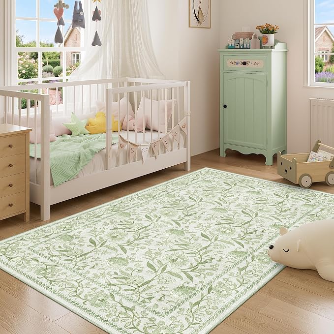 DUKINO 4x6 Area Rug, Washable Vintage Floral Rug for Living Room Sage Green | Non Slip, Low Pile, Stain Resistant Boho Lightweight Soft Indoor Carpet for Bedroom Office Dining Room Entryway Farmhouse