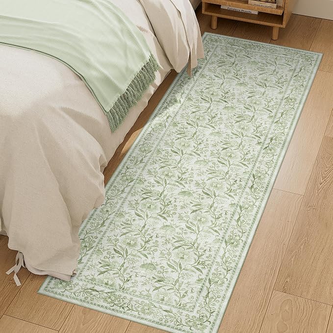 DUKINO 2x6 Runner Rug, Washable Vintage Floral Kitchen Rug, Sage Green | Non Slip, Low Pile, Non-Shedding, Stain Resistant Soft Carpet Runner for Hallway Bathroom Entryway Bedroom Laundry Farmhouse