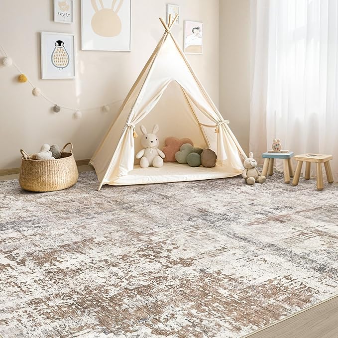 UERMEI 5x7 Washable Area Rug - Neutral Modern Abstract Living Room Rugs, Non-Slip Soft Large Indoor Floor Carpet for Bedroom Home Office & Under Dining Table Decor, Brown/Grey/Red
