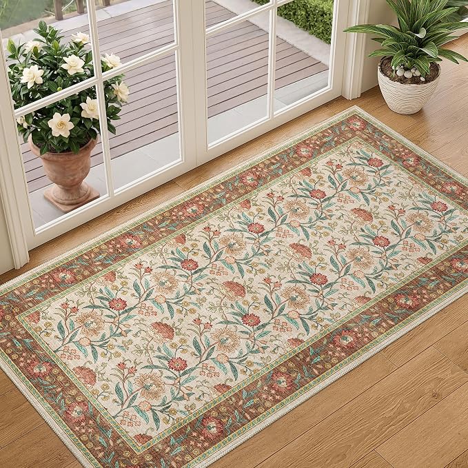 DUKINO 2x4 Rug, Washable Vintage Floral Entryway Rug Non Slip, Brown | Low Pile, Non-Shedding, Stain Resistant Boho Lightweight Soft Indoor Carpet for Kitchen Bathroom Hallway Laundry Farmhouse