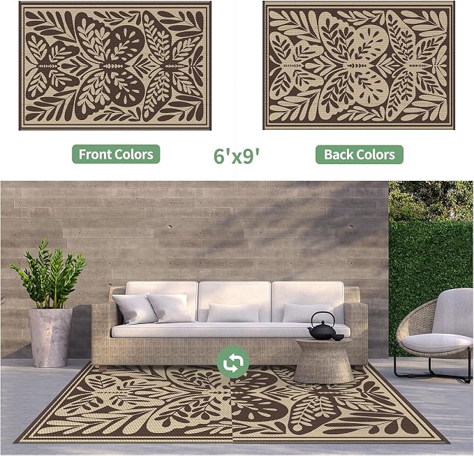 GENIMO Outdoor Rug, Waterproof Plastic Rugs for Patio, 6'x9' Latte Beige | Outside Larger Leaf Carpet Mat for Porch Decor, Deck, Balcony, Camping, RV, Backyard, Picnic, Beach, Reversible, Foldable