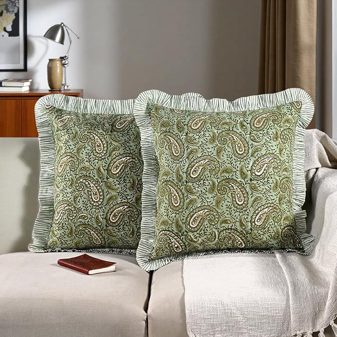 Ridhi Nostalgic Naturals Block Print Ruffle Throw Pillow Cover 20" x 20" (Pack of 2) Decorative Cushion Covers with Ruffle for Couch, Sofa, Bed, Living Room, Home Decor Gift for Spring, Mother's Day