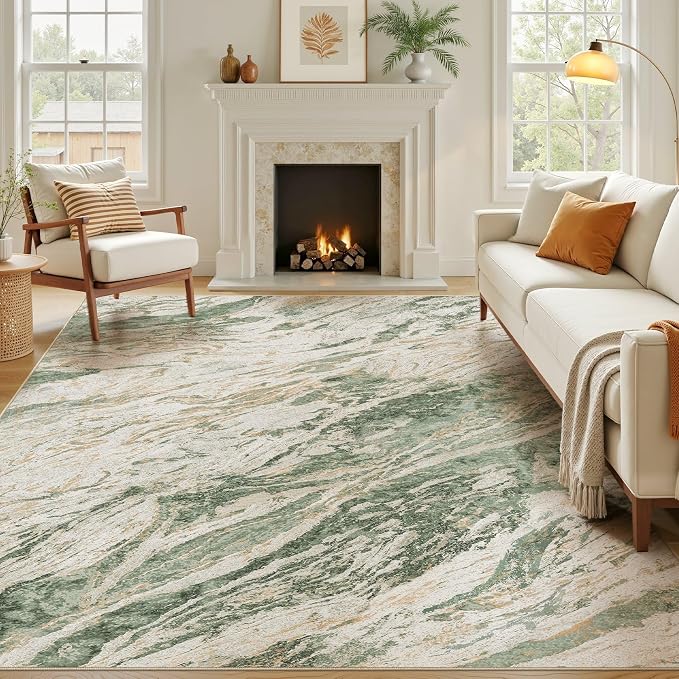 Area Rugs for Living Room: 5X7 Abstract Washable Rug Modern Neutral Large Soft Stain Resistant Non-Slip for Bedroom Dining Room Indoor Home Office Carpet - Green Brown