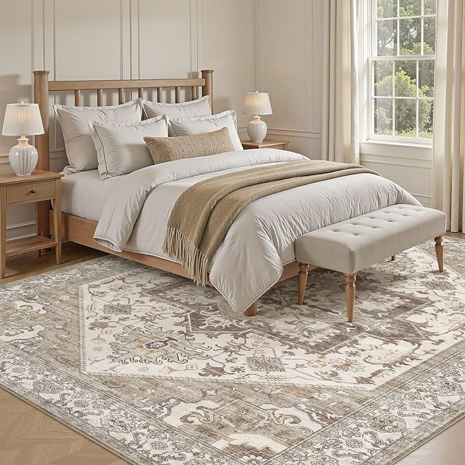 Area Rug for Living Room - 5x7 Washable Oriental Vintage Floral Large Soft Carpet - Fade Stain Resistant Non Slip Rugs for Bedroom Dining Room Nursery Dorm Office Home Decor - Beige Brown