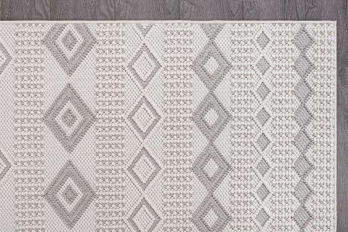 CAMILSON Micro Loop Rug 5x7 Modern Luxury Geometric Moroccan Diamond Area Rugs Soft High and Low Pile Stain Resistant Easy-Cleaning Non-Shedding for Living Room Office Indoor Carpet (5 x 7 White-Gray)