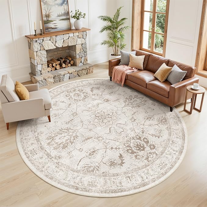 Madane Washable Round Rug 8ft for Living Room, Soft Ultra-Thin Non-Slip Vintage Floral Circle Area Rug, 8x8 Round Throw Carpet for Dining Room Nursery Bedroom Kitchen (Brown/Ivory, 8'Round)