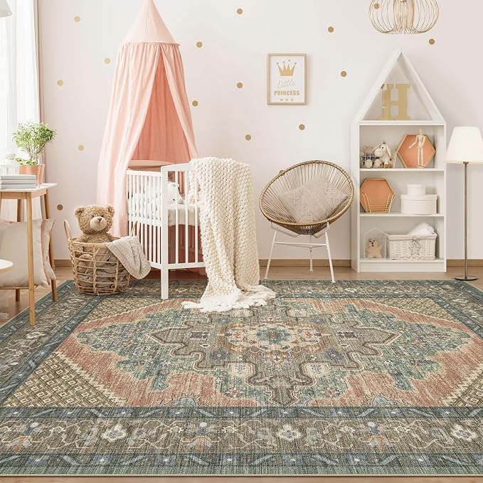 Tortania Area Rug Living Room Rugs - 10x12 Washable Boho Rug Vintage Oriental Distressed Farmhouse Large Thin Indoor Carpet for Living Room Bedroom Under Dining Table Home Office - Sage Terracotta