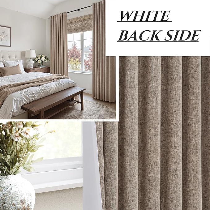 QJmydeco 70 Inch Extra Wide Dark Flax Blackout 84 Inches Long Linen Dining Room/Bedroom Curtains,Winter Pleated Room Darkening Heavy Curtain Boho Thermal Insulated Drapes (70" Wx84 Lx2Panels&Hooks)