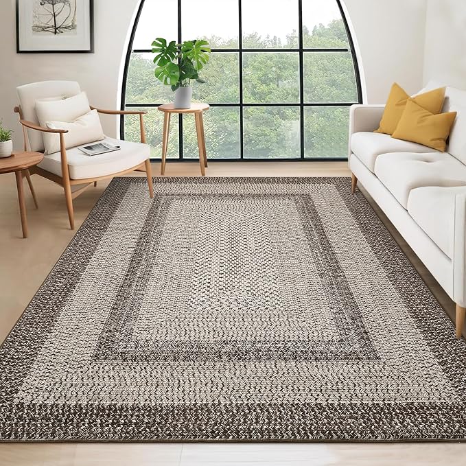 RUGSREAL 10x13 Large Living Room Rug Braided Print Boho Accent Throw Carpet Farmhouse Rustic Rug with Rubber Backing Geometric Bordered Area Rug Bohemian Carpet for Bedroom Home Decor Office, Mocha